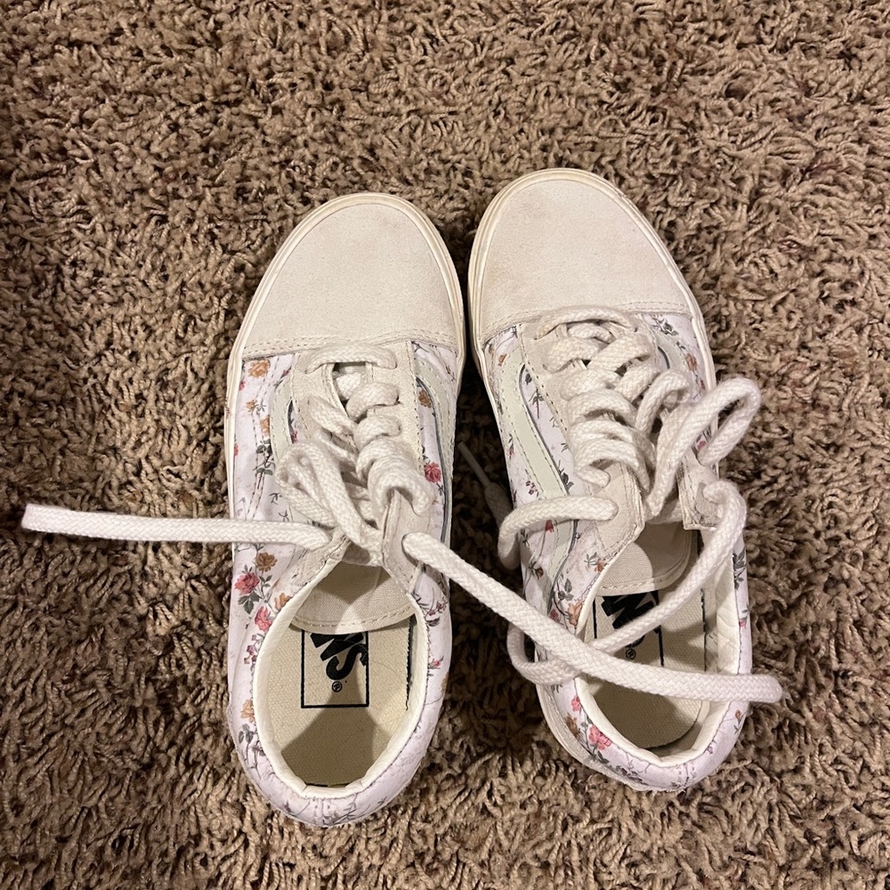 White Suede Vintage Floral Vans Old Skool Shoes Womens Size 5